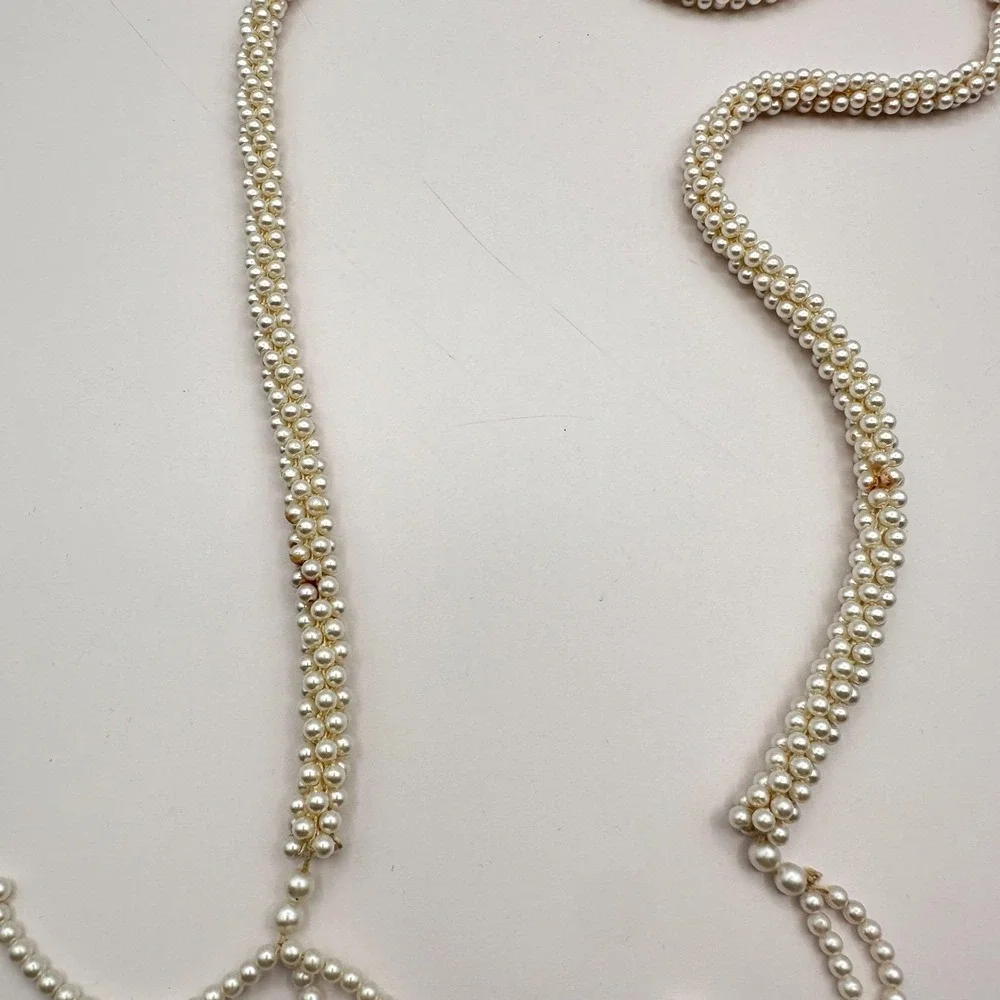 Vintage 90s Faux Pearl Cream White‎ Beaded Braided Tassel Necklace Statement Y2K